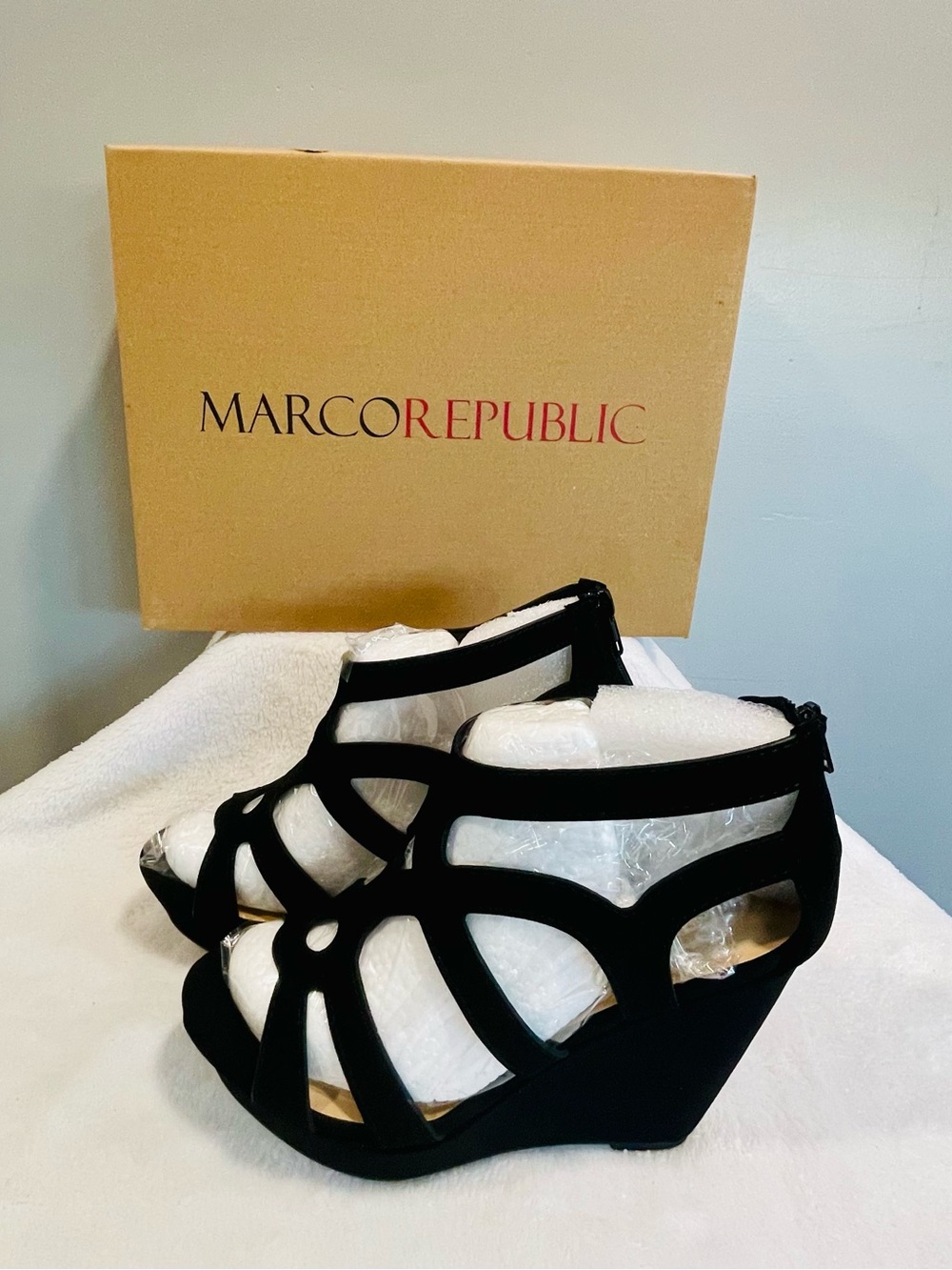 Marco Republic Black Cutout Wedge Sandals